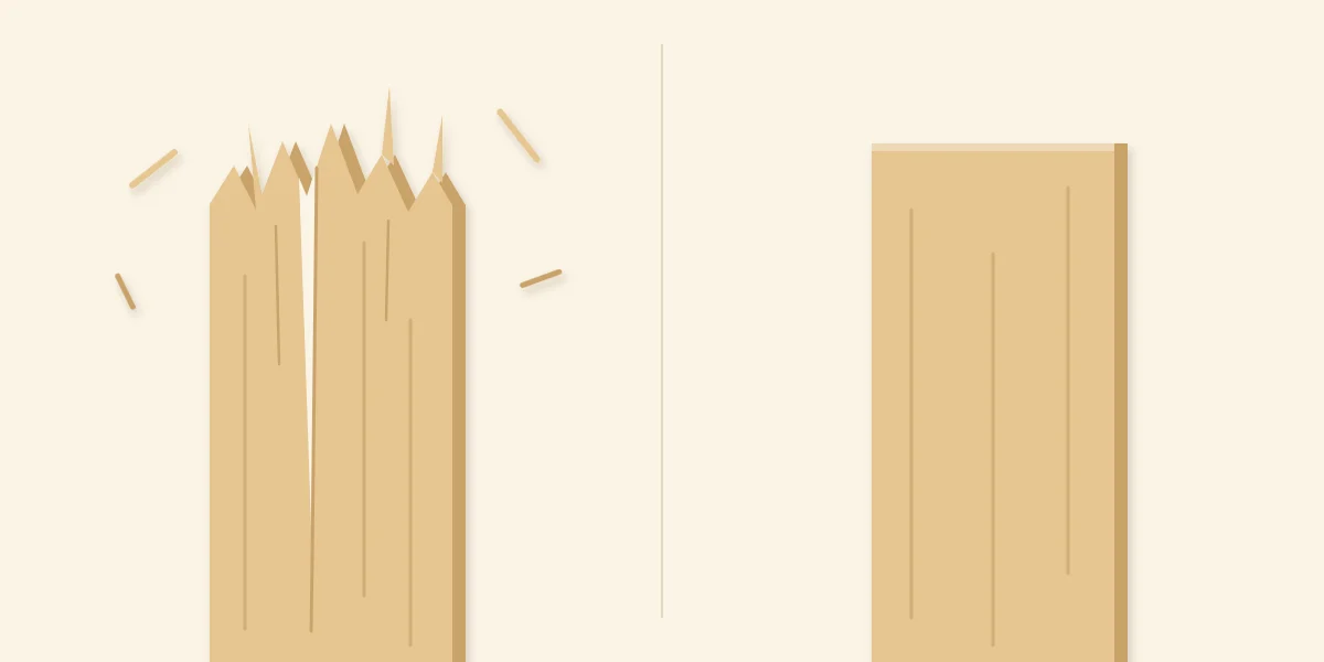 A split, splintered stick end on the left and a clean square cut on the right