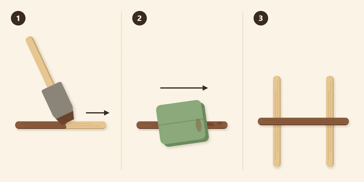 Three steps: brush the stain on, wipe off the excess with a rag, dry the stick raised