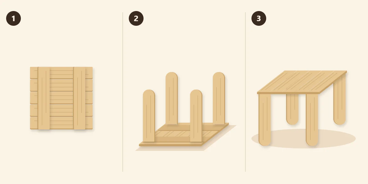 Three steps: table top built upside down, four legs glued in the corners, table turned upright