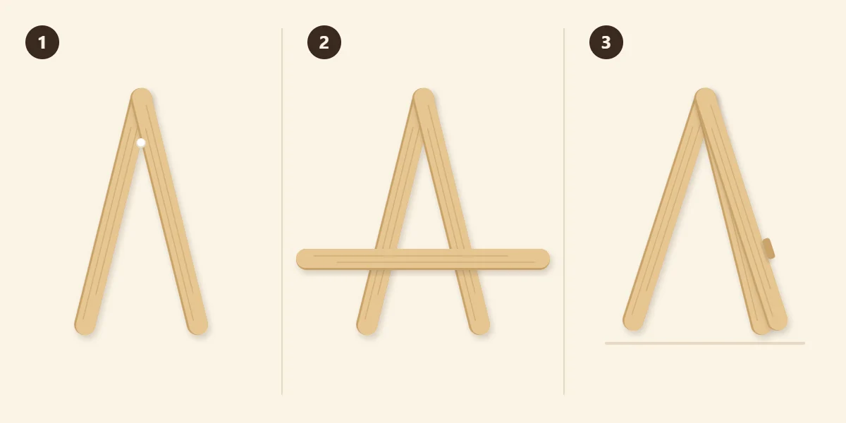 Three steps: two sticks in an inverted V, a ledge across, a back leg added at the top