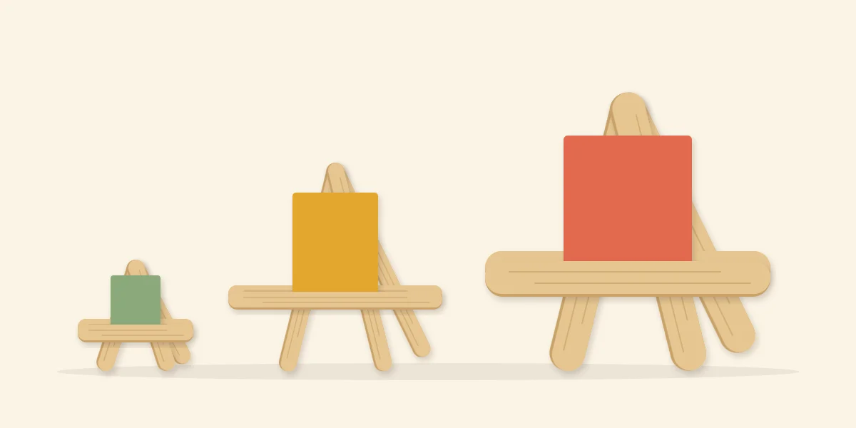 Three easels made from mini, standard and jumbo sticks, each holding a card