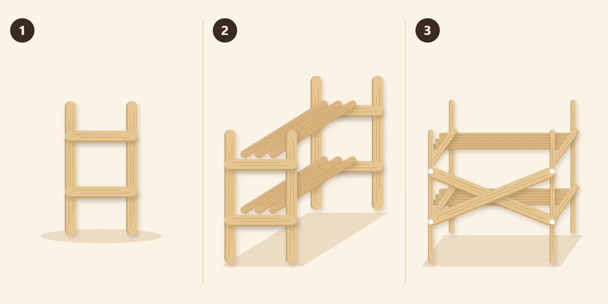Three steps: a side frame, shelves set on the rungs between two frames, an X brace on the back
