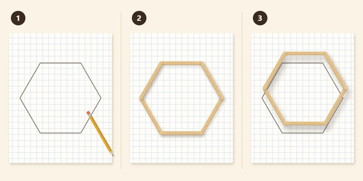 Three planning steps: sketch a hexagon, dry fit six sticks on it, lift off the glued shape