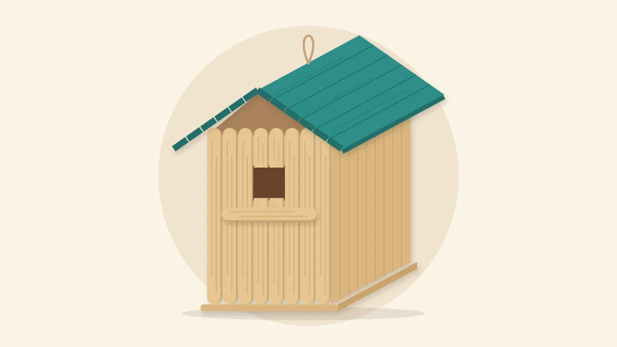 Decorative popsicle stick birdhouse with a teal roof, square opening, perch and twine loop
