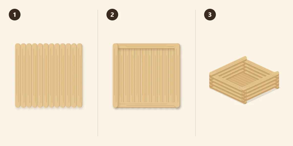 Three steps: the base panel, the first two pairs of wall sticks, the stacked log-cabin walls