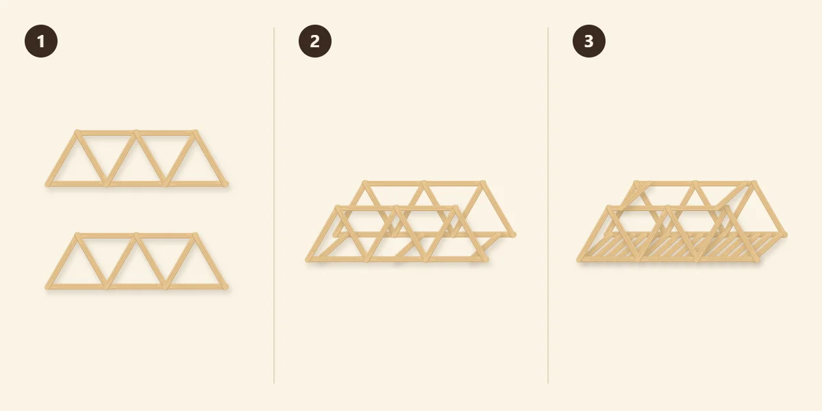 Three steps: two matching trusses, trusses stood up and joined, deck and top braces added