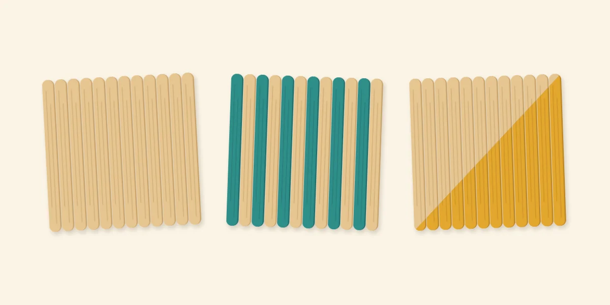 Three coaster finishes: natural, teal stripes and a mustard diagonal color block