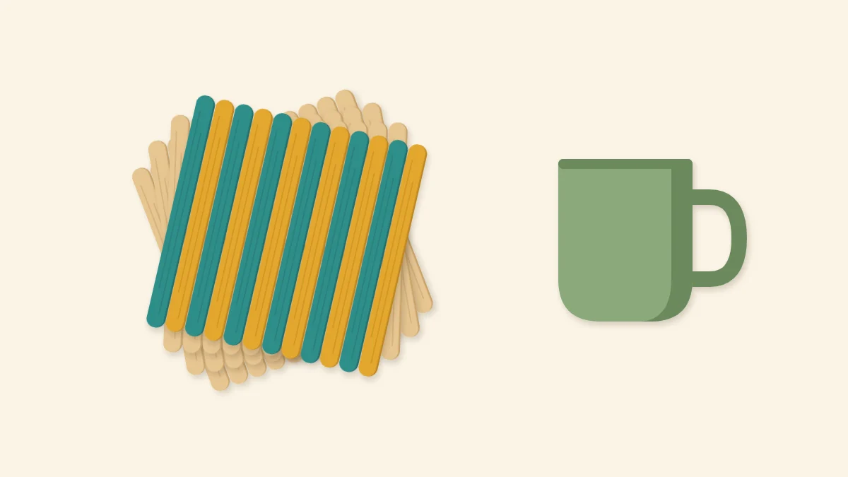 Stack of four square popsicle stick coasters, the top one striped teal and mustard, beside a mug