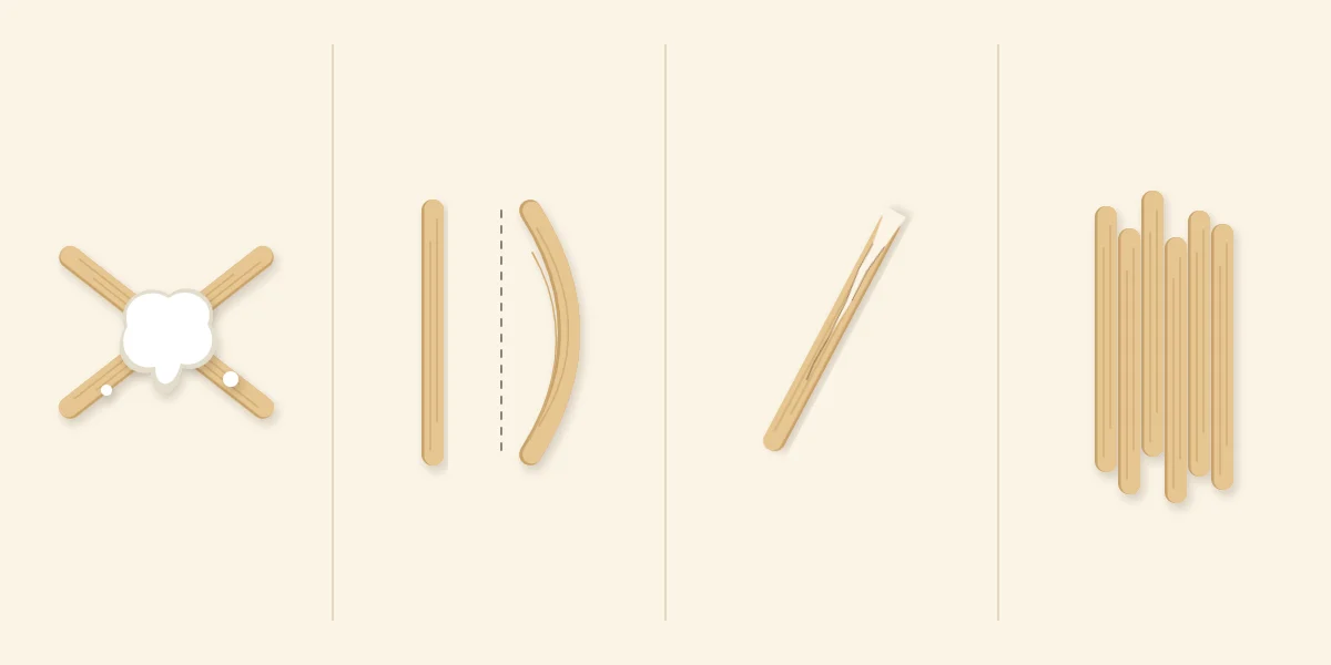 Four common faults: excess glue, a bowed stick, a split end and uneven stick ends
