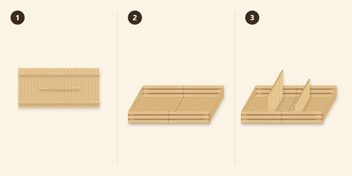 Three steps: the joined base, the stacked outer walls, the two dividers set in place