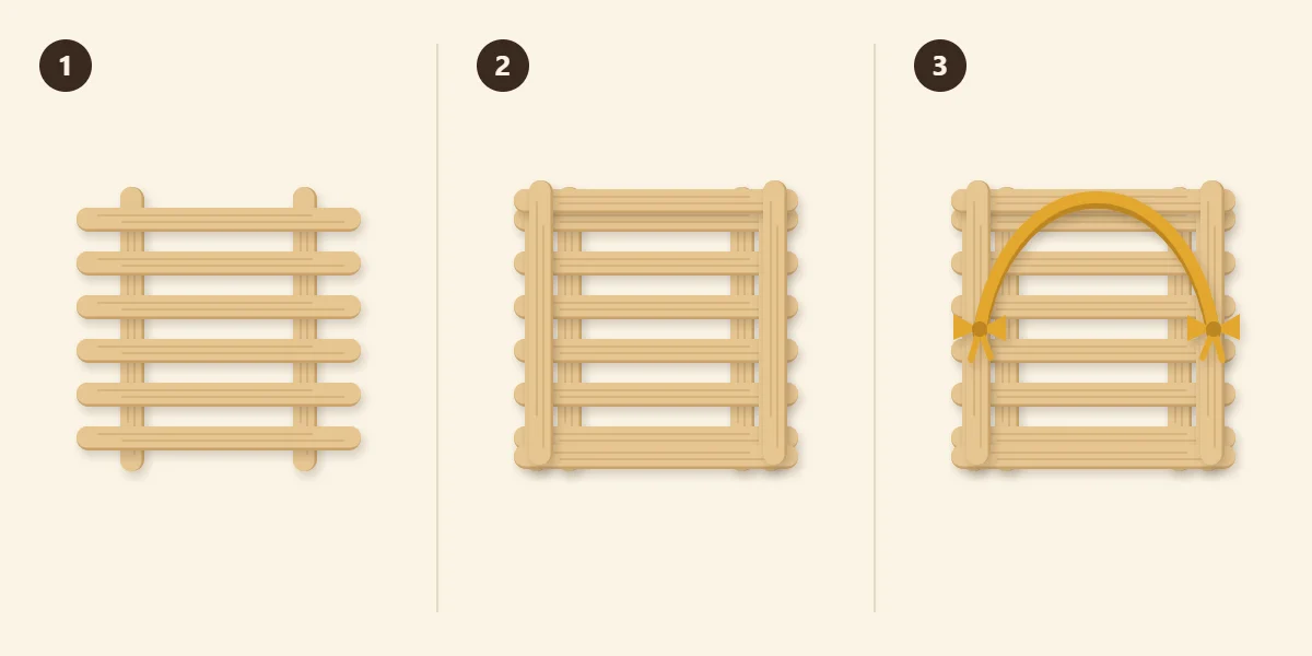 Three steps: slatted base on two runners, low stacked walls, ribbon handle tied on