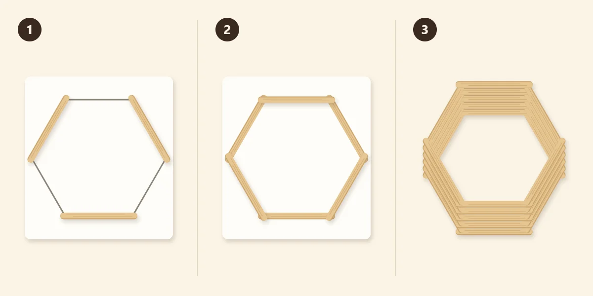 Three steps: three sticks on alternate sides, three more across their ends, layers stacked deep