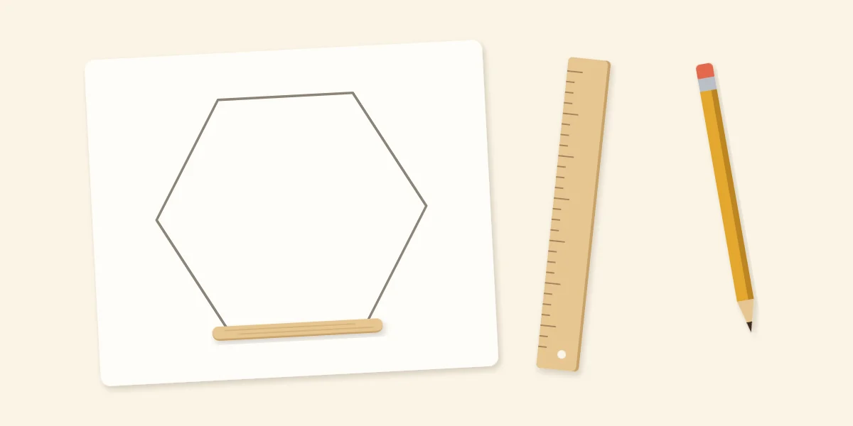 Hand-drawn hexagon template with one stick laid along a side, overlapping both corners