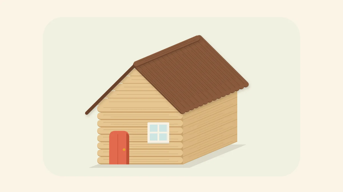 Small popsicle stick cottage with a walnut roof, a coral door and a framed window