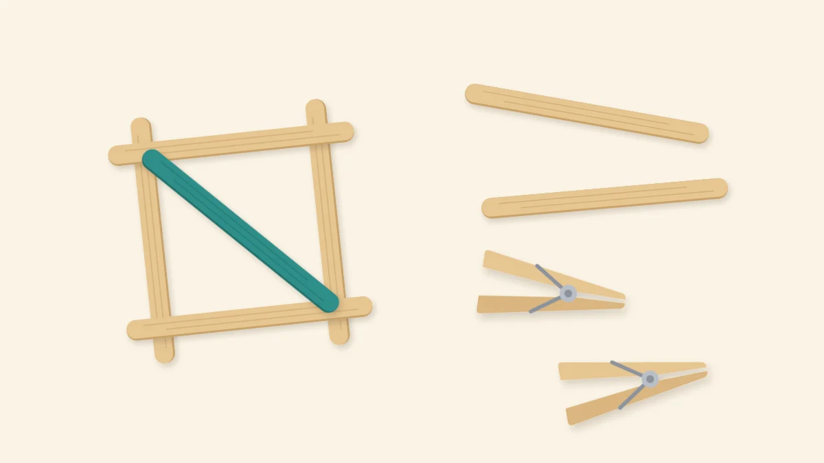 Square craft stick frame with a teal diagonal brace, loose sticks and clothespins