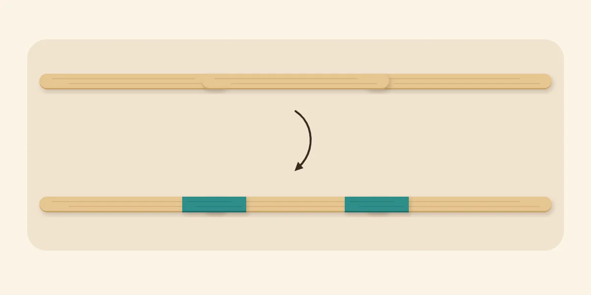A long rail made of three overlapped sticks, with short reinforcing pieces over the joints on the back