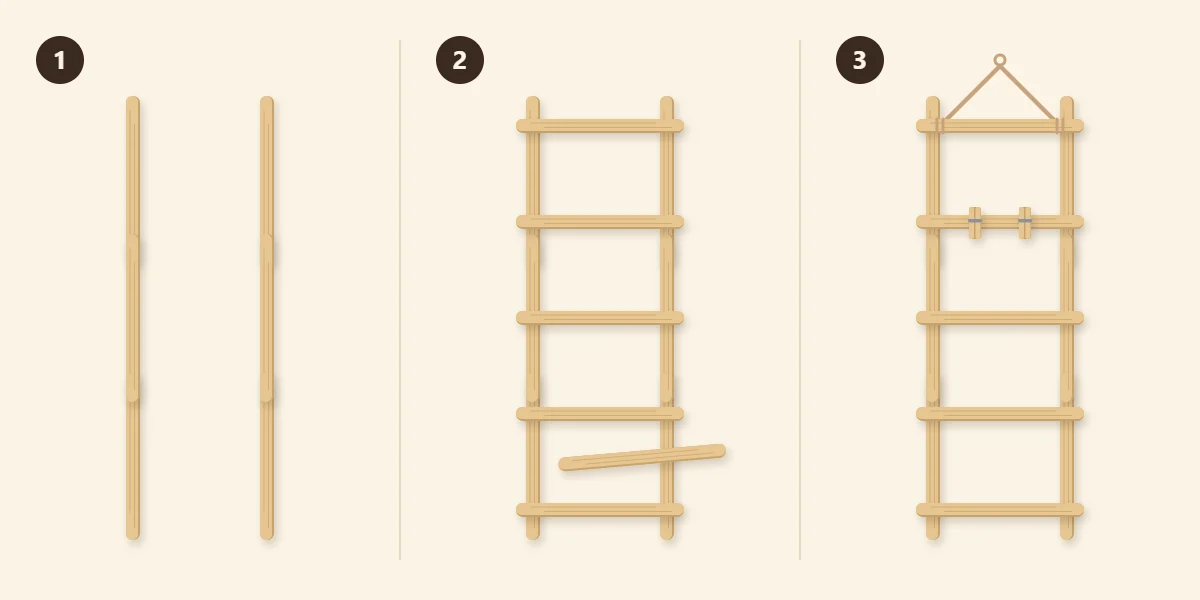 Three steps: two parallel rails, five evenly spaced rungs, twine hanger and clips added