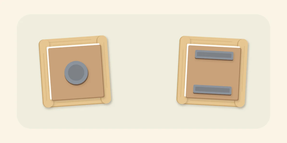 Backs of two frames: one with a round magnet in the center, one with two magnetic strips