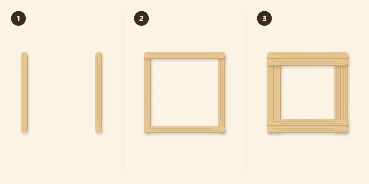 Three steps: two upright sticks, two sticks across the ends, then a second round to double each side