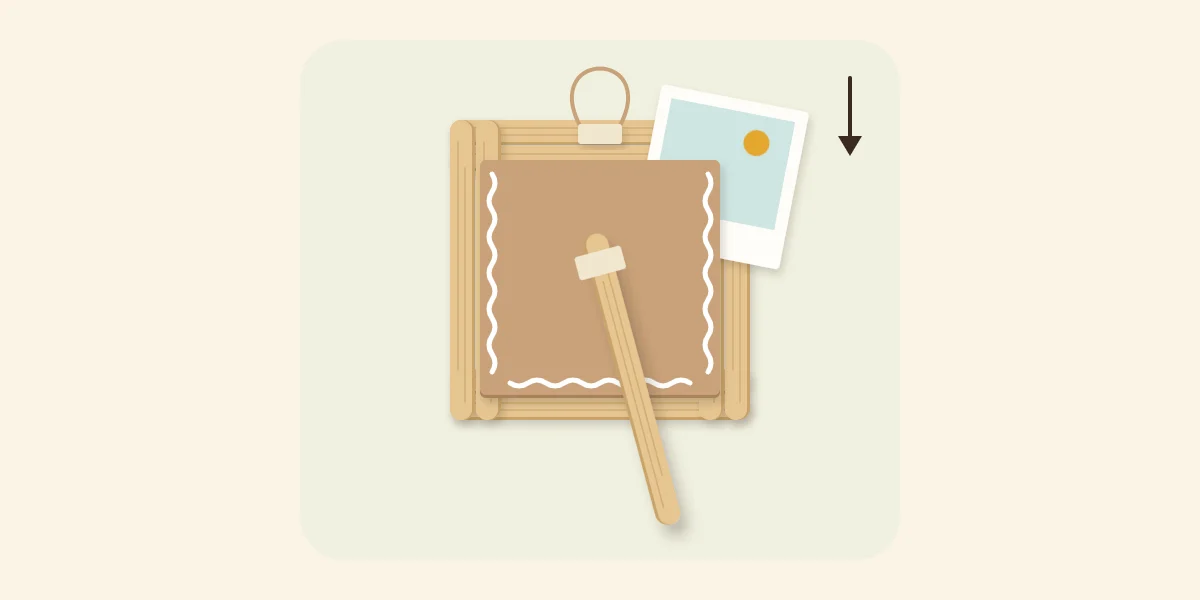 Back of the frame with a card pocket open at the top, a twine loop and a stick strut