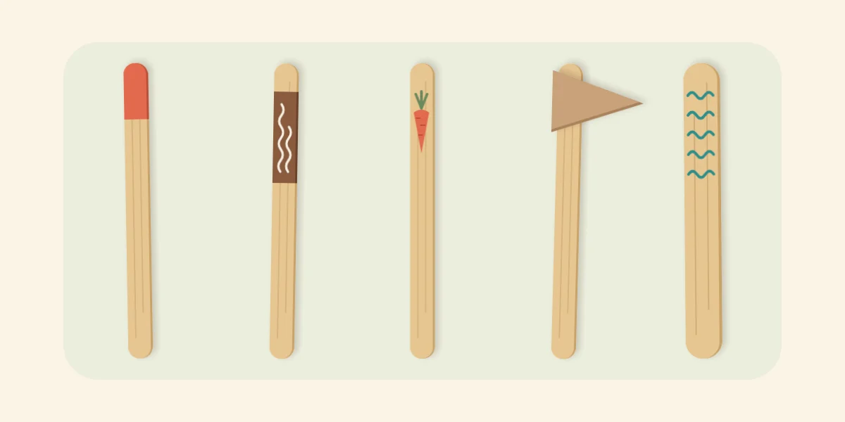 Five plant marker styles: colored tip, dark band, picture icon, card flag and patterned jumbo stick