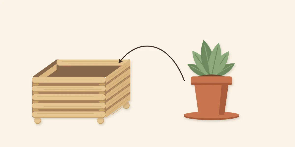 A potted plant on a saucer with an arrow showing it sits inside the stick planter box