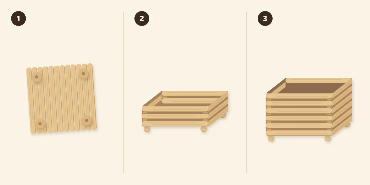 Three steps: base with four bead feet, first wall layers, finished tall box
