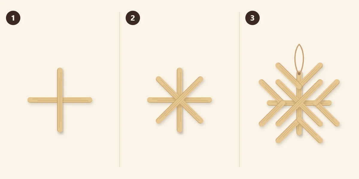 Three steps: two sticks crossed, two more added diagonally, V details and a twine loop