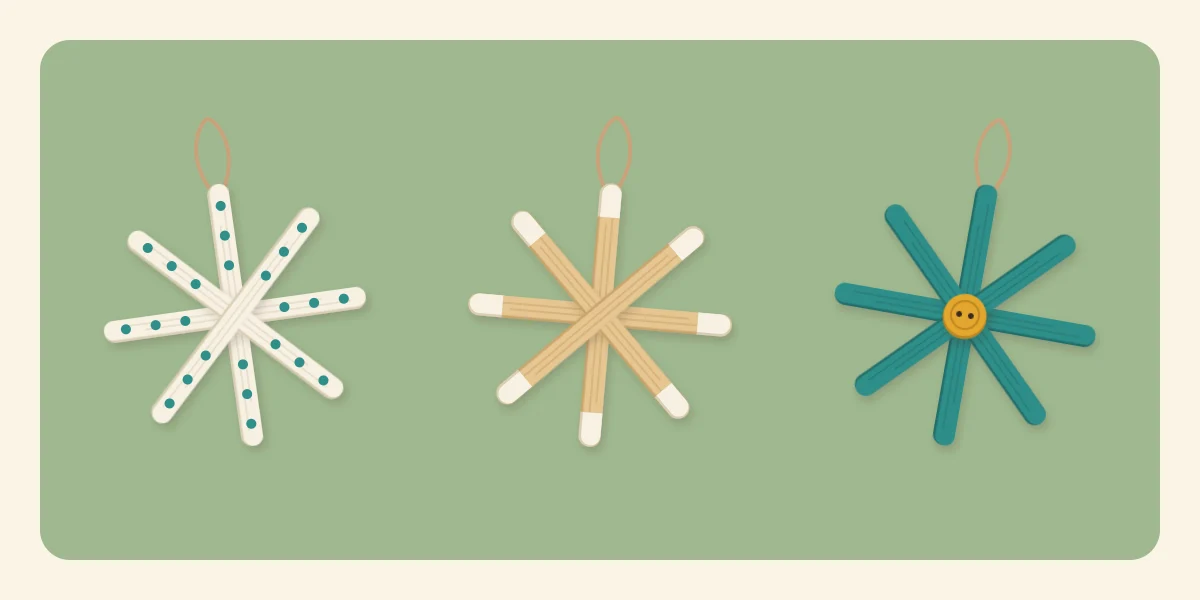 Three snowflake finishes: white with dots, natural with white tips, teal with a button center