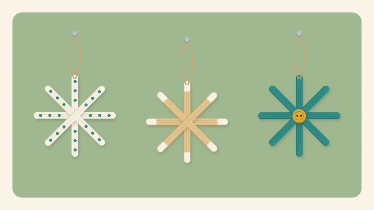 Three popsicle stick snowflake ornaments in white, natural and teal hanging on twine loops